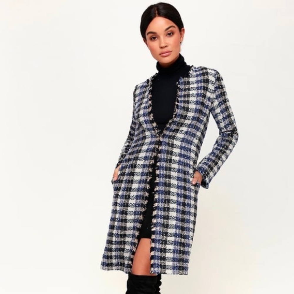 Upper East Side Multi Plaid Navy Blue Tweed Coat
